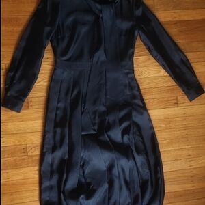 Tory Burch Navy Satin Long-Sleeve Tie-Neck Dress